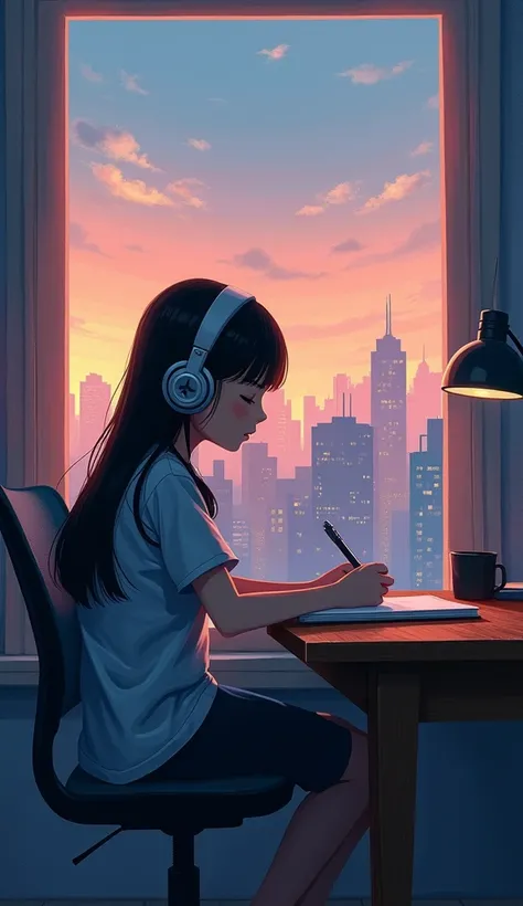  PORTRAIT、512、Lo-Fi、 studying at desk、Girl sitting in chair with headphones on 、 eyes closed 、City view outside the window、 evening 、 pastel colors 、Painting、Makoto Shinkai style