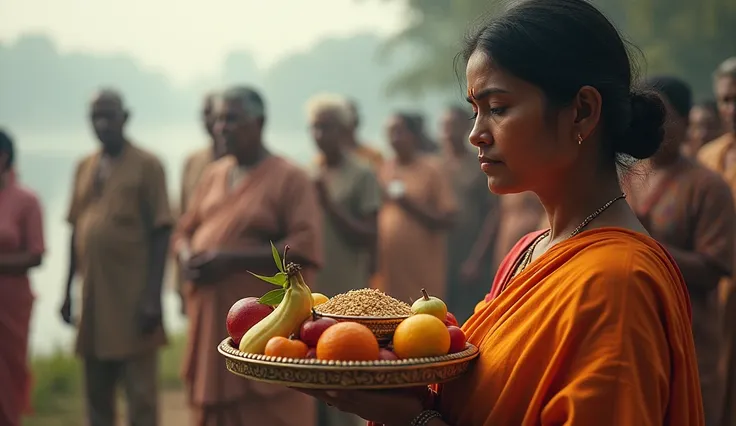 Show a close-up of a woman (age 40) with humble features, in a brightly colored sari, holding a traditional offering plate with fruits and grains. Her expression is one of determination and reverence as she looks slightly downward. Behind her, people of di...