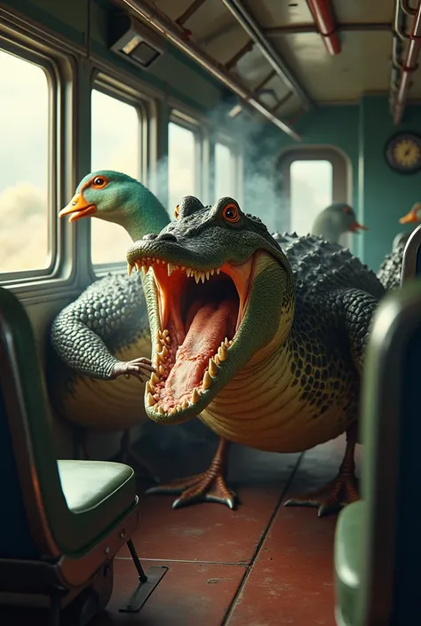 A duck eats an alligator on a train 