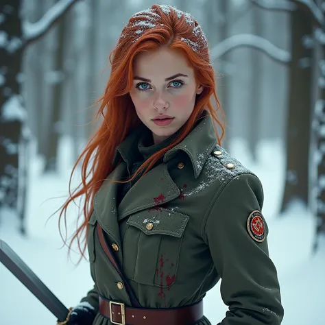 a 28-year-old girl with red hair who has blue eyes who wears a lieutenants uniform and who is in a snowy forest that she is holding a dagger and who has blood that she has a serious face 