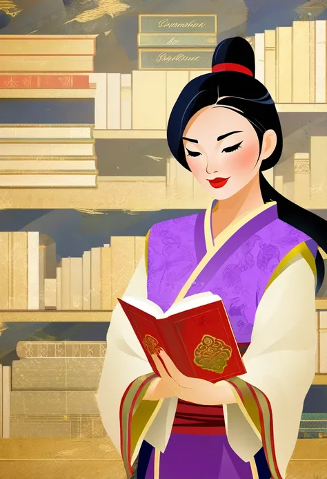 
a female warrior (like Mulan 1998) reading a book, digital art, book cover illustration