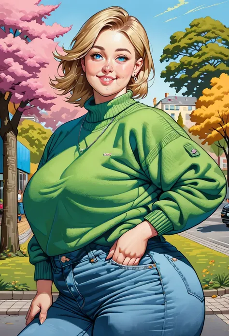 llustration, realistic proportions, 1 woman, thirty years old, ((overweight:1.5)), square face, chin dimple, blue eyes, medium blonde asymmetrical short sidecut, single pink strand, right parting, left side nose hole piercing, green sweater, blue jeans, bl...