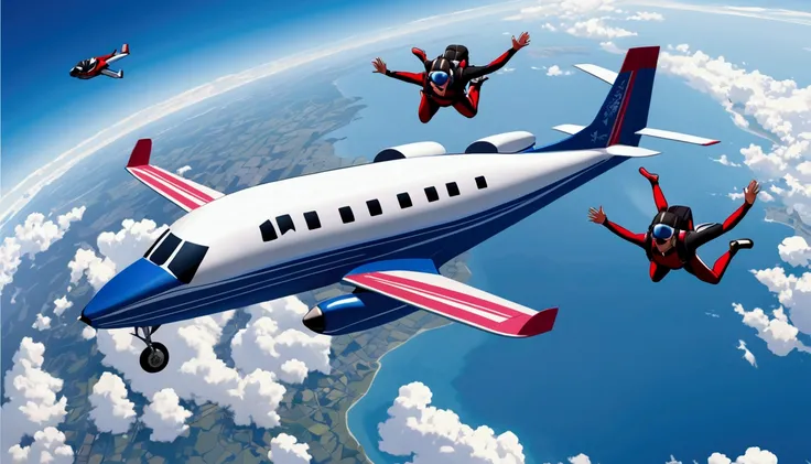 Generate a skydiving plane, 4 human jumping.