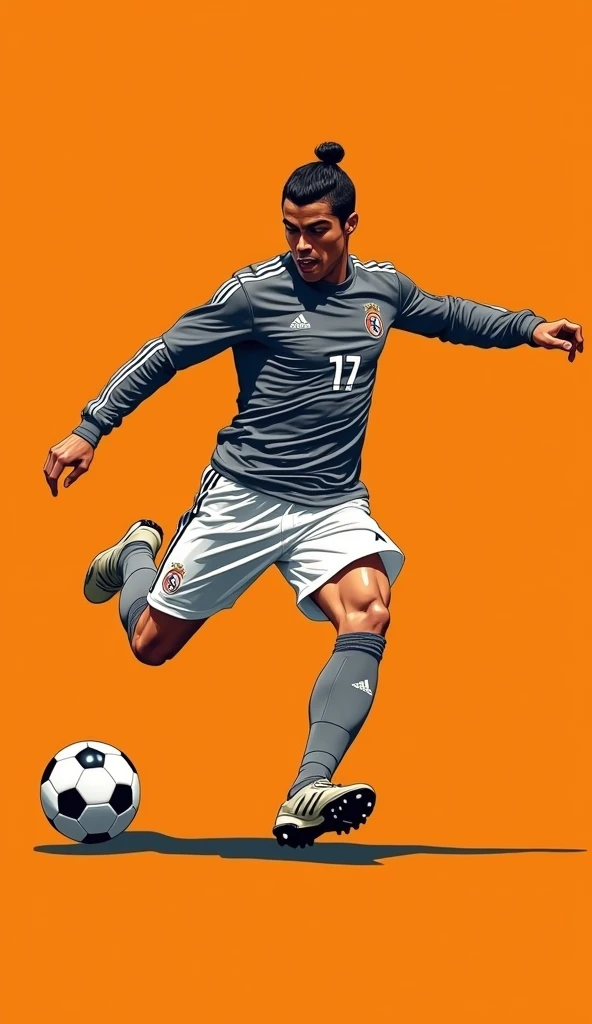 Image(comic book style) This image is a digital depiction of Cristiano Ronaldo, the professional Portuguese footballer. He is wearing a gray jersey from a team with the number CR7 and white shorts. Ronaldo is performing an action by kicking a ball with his...