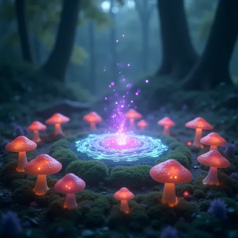 A magical, fairy circle of mysterious mushrooms arranged in a perfect ring, with a glowing portal to another dimension at the center. The mushrooms come in various shapes and colors, with some emitting a faint glow, creating an ethereal atmosphere. The por...