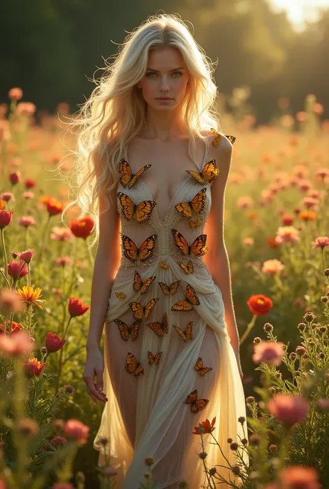 Create a sensual, ethereal concept of a dress made entirely of real butterflies, worn by a blonde woman with flowing hair. The dress is designed to look as if the butterflies are gently resting on her body, with their wings fluttering softly. The butterfli...