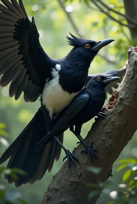 Magpie grabs a  crow in his paws when it falls off his nest