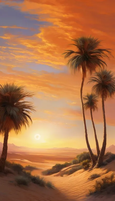 He wanted a desert ,  The scorching sun dyed the sky orange , rolling sand dunes extended to endless distances .  A lone palm tree providing shade ,  Hagar and her son Ishmael sought refuge here,  representing the story of Genesis 16 .