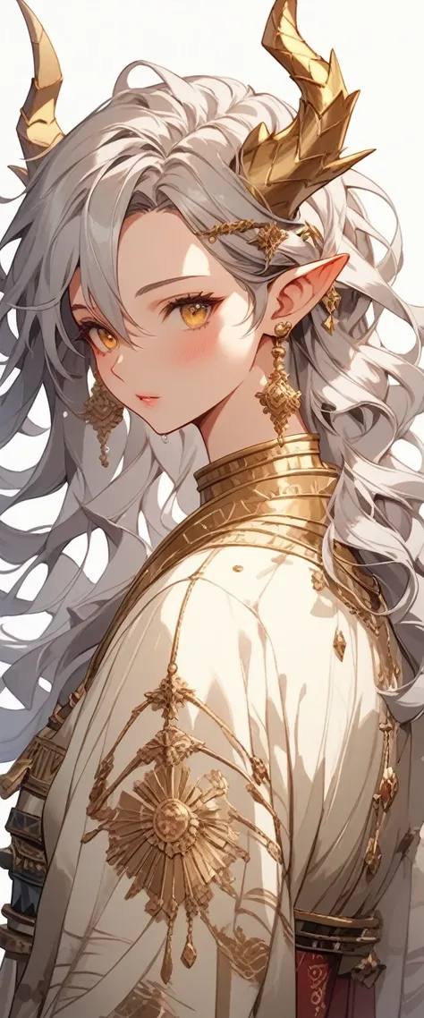 Dragon Girl 、cute，cold，Girl体型，Girl、front、Long hair、Messy hairstyle、Single、Golden eyes、Dragon Horn、Western Fantasy、Silver hair、Lots of hair 、Relaxed European-style white and gold robe、 white silk pantyhose 、 anime style，European Style，simple clothing，whole ...