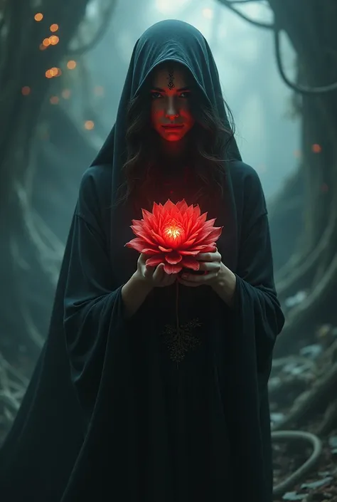 Craft an image of a mysterious maiden holding a glowing, red-black flower in her hands, standing amidst shadows that shift and pulse with hidden life.