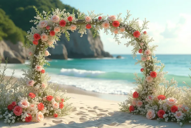 Seaside wedding with white flowers, red, no people