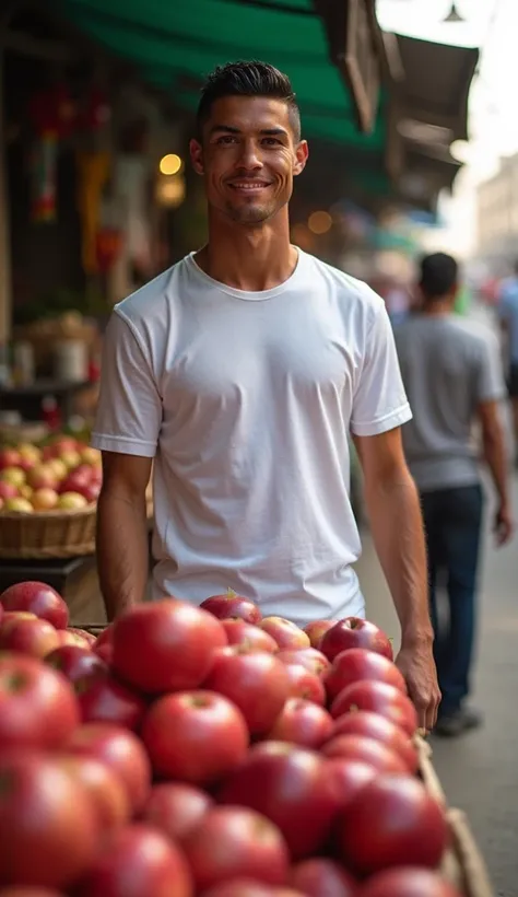 Imagine **Cristiano Ronaldo**, one of the greatest footballers of all time, in a **raw market**, selling apples. Here’s how that scene could unfold:

---

In the middle of a **bustling, vibrant raw market**, where the air is filled with the scents of fresh...