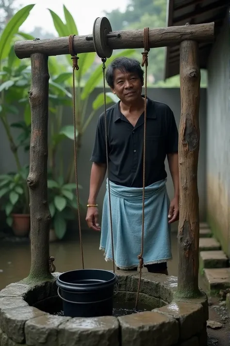 An Indonesian male, ,Looking at the camera,On the outside of the well,Wearing a black shirt , wearing a light blue towel to cover his lower body down to his navel,taking water from an old well made of stone,Simple Indonesian backyard background, morning at...