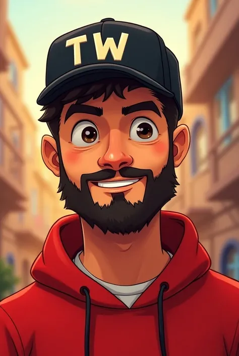 Character: young man with beard
 And black cap with t w on the cap and red streamer style cartoon style sweatshirt 