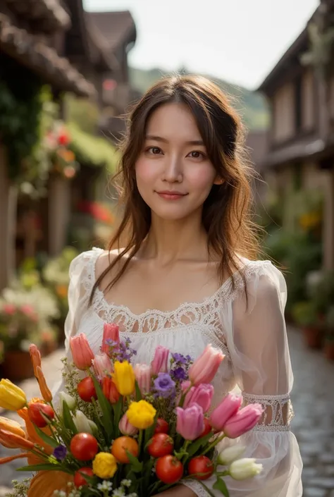 beautiful 30 year old asian woman、Florist、brown hair、red eyes、beautiful eyes、Town Girls Clothes、waist belt、Florist in Medieval Europe、high resolution、high quality、cinematic lighting、4K quality