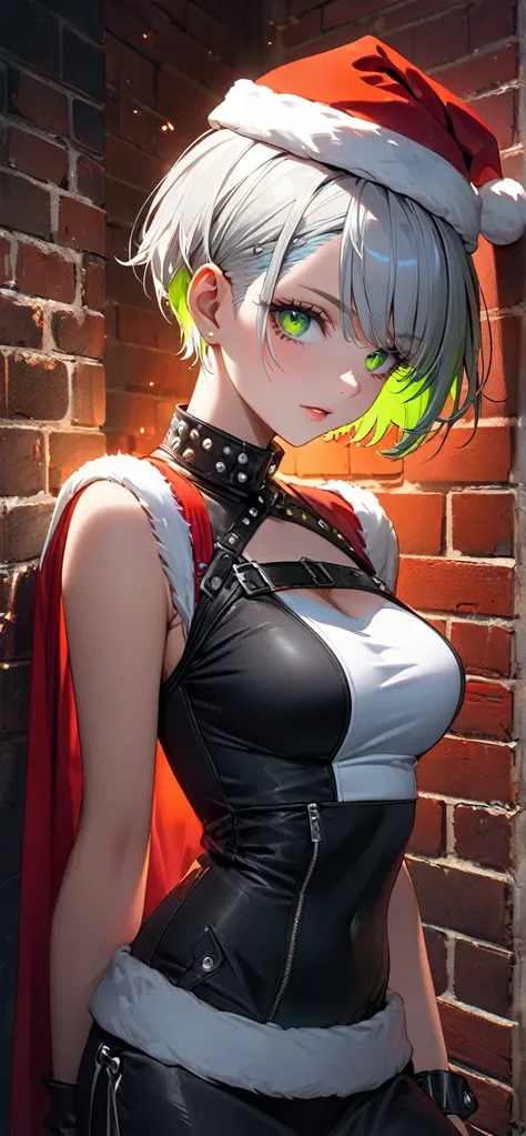 Super high resolution, rich colors, perfect image, best quality, detailed image, beautiful single woman, glowing skin, skin and clothing texture, delicate eyes, brick background, punk santa costume, breasts, (((silver undercut super short hair))), green ey...