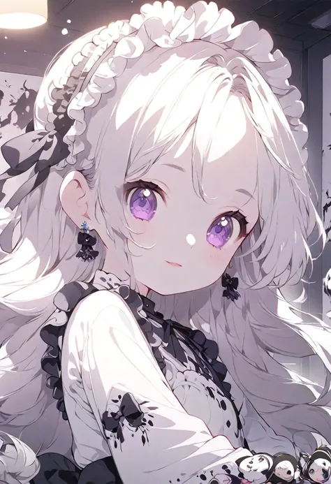 ink painting, Black and White, (artwork), (Amazing work), (Indirect Linear Lighting), (Chibi-cute Studio), (Gif cute anime), (cute Lovely kawaii), (Extremely detailed CG 8k unit wallpaper), (1 Girl) Wearing cute clothes, long hair，Wearing a cute frilly hea...