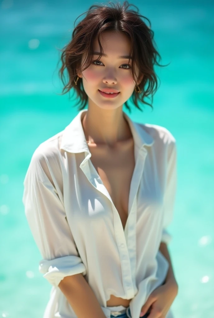 8k, RAW Photos, ultra high resolution , realistic pictures,  in bright sunlight ,  skinny Japanese woman without makeup and large breasts , Very short, Brown hairy hair,  sunburned skin,  leaning back against the deep blue ocean with no makeup ,  wearing a...