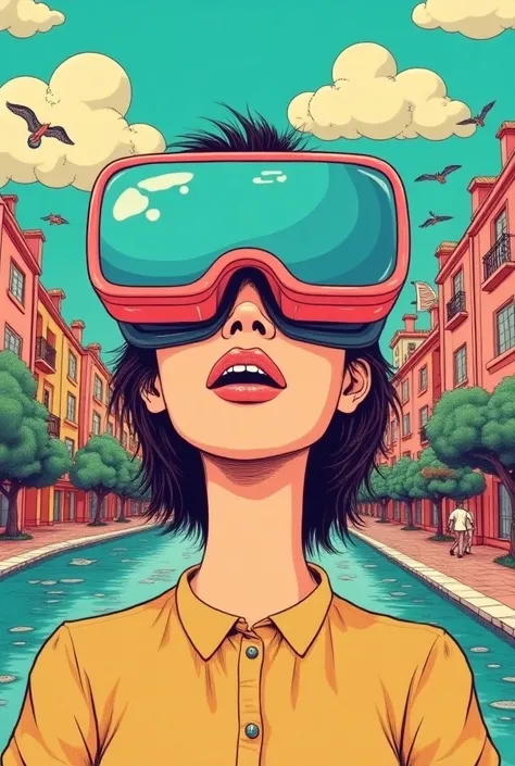 Line Illustration，A surreal and cinematic close-up of a detailed surreal collage with pop art elements, two giant VR glasses resting on top of a happy smiling woman, in front of her is a 3D view of a colorful surreal cityscape with greenery consisting of p...