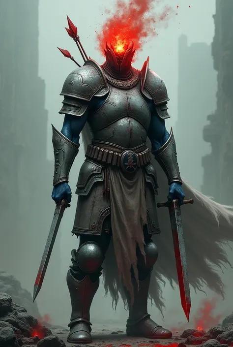 Man without a head, wearing light crusty armour, get shot by arrows in the chest, holding a crusty dagger with bleeding hand, head get replaced by dark red flame with 1 eye, dark blue skin, beheaded, dead cells