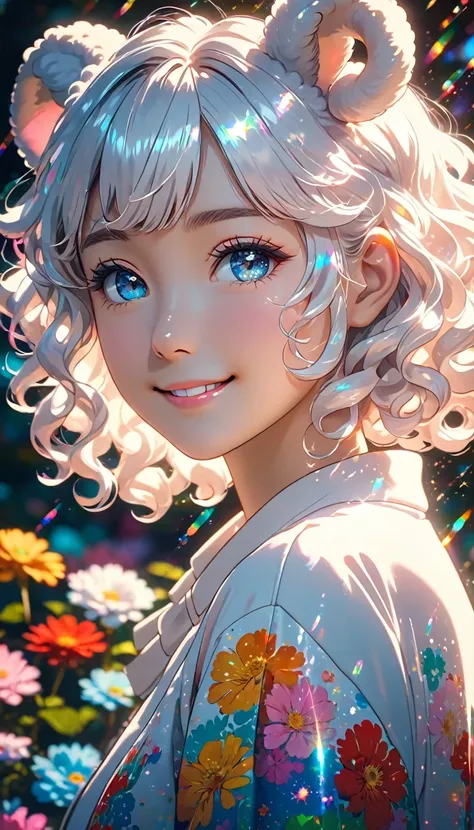 Girl with sheep ears, light smile, white hair, curly hair, cinematic lighting, depth of field, chiaroscuro, chromatic aberration, sparkle, bloom, reflection light, Fujicolor, Surrealism, anime style