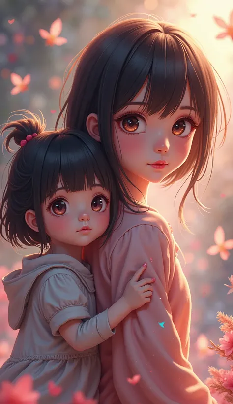 a girl carrying a young girl on her back, extremely detailed, fantasy, anime, (best quality,4k,8k,highres,masterpiece:1.2),ultra-detailed,(realistic,photorealistic,photo-realistic:1.37),beautiful detailed eyes,beautiful detailed lips,extremely detailed eye...