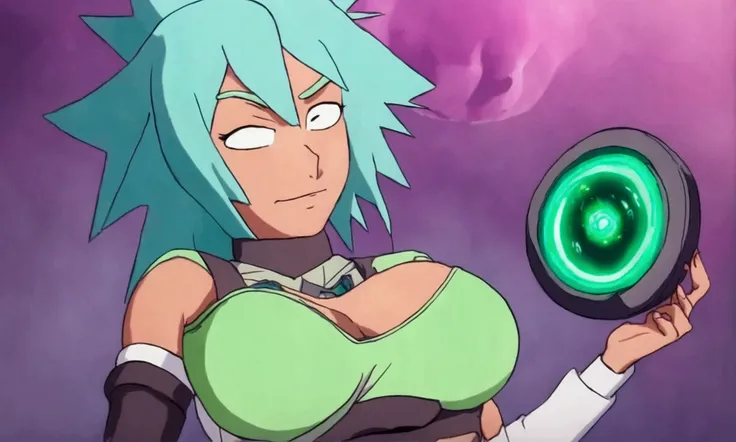 A cute woman (role of Rick Sanchez, sexy science explorer outfit, thigh high stockings, gadgets, spiky hair do) and her gorgeous lesbian assistant open a glowing green portal to boob world