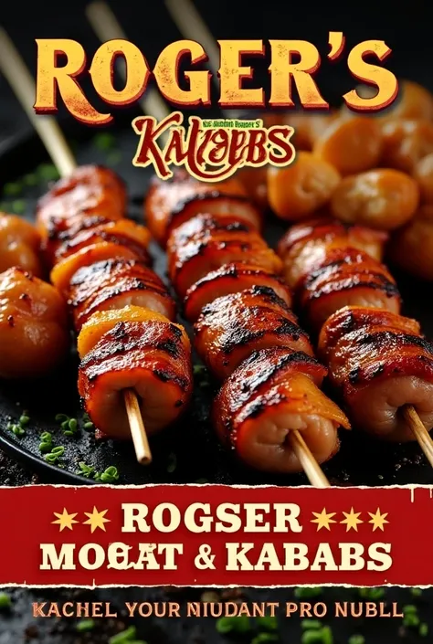  Create a flyer with meat barbecue kebabs , Chicken with bacon , sausage ,  chicken heart  , carne com bacon e Kafta , Dont put vegetables on kebabs and write Rogers Kabobs the best of Marietta 