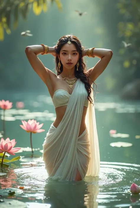 A apsara wearing white transparent saree, coming out of the water body with lotus and fine birds, wearing white sleeveless blouse raising her arms up, wet body, clothes sticking to her body, adorned with beautiful hair jewellery, necklace and armlets, ador...