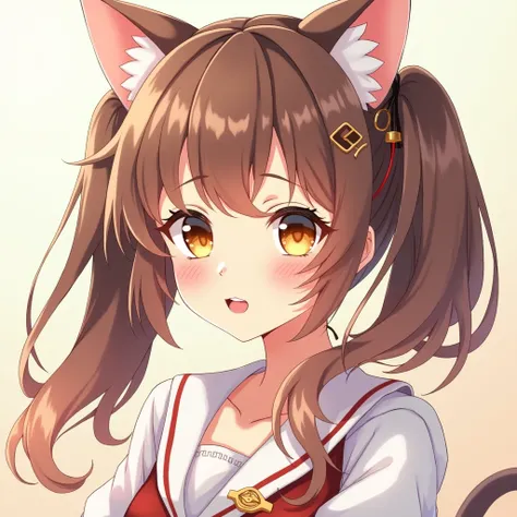 Bangs, Brown Hair, Twintails, Hair Between Eyes, Hair Ornament, Yellow Eyes, Fang, Cat Ears, Long Hair, Accurate, Smile, 