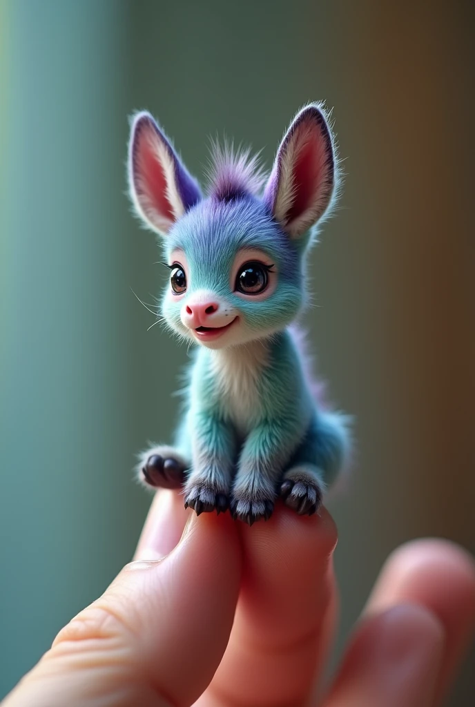 A smaller colorful donkey  baby sitting on a human finger, detailed texture, photorealistic, 8K, hyperdetailed, intricate, finely detailed, masterpiece, stunning, rambo colors, soft lighting, shallow depth of field, cat portrait, open mouth and angry 