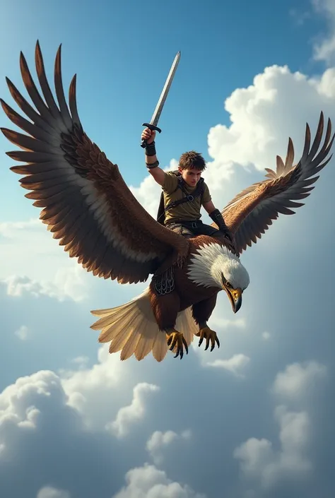  Young man rides an eagle in the sky and holds a sword in his hand