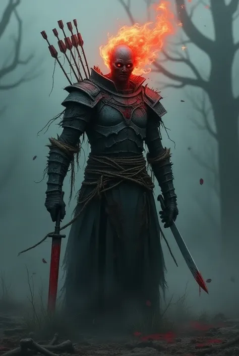 Man without a head, only wearing crusty armour on his shoulders and chest, get shot by arrows in the chest, holding a crusty dagger with bleeding hand, head get replaced by dark red flame with 1 eye, dark blue skin, beheaded, dead cells, no face