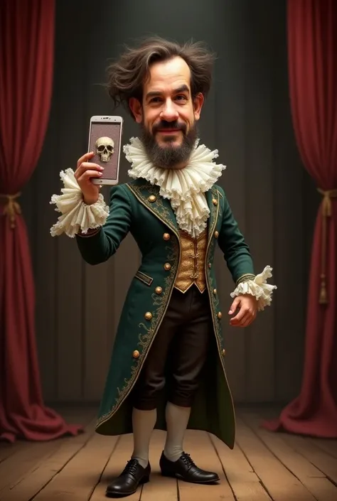 Draw a caricature of a Shakespearean actor playing the character of Prince Hamlet. 
He is standing on a wooden stage dressed in the clothes of a Victorian theater prince. He is holding a smartphone in front of his face on which a drawing of a skull appears...