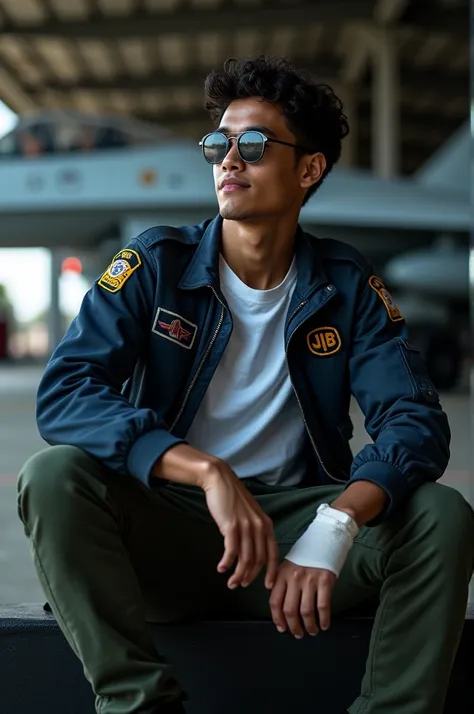 Cool photography style, Dark atmosphere , A young and handsome Sundanese man , short hair curls , athletic skinny body , wears white t-shirt , wearing a navy blue bomber jacket in the style of a fighter jet pilot, army green cargo pants ,black boots,sittin...