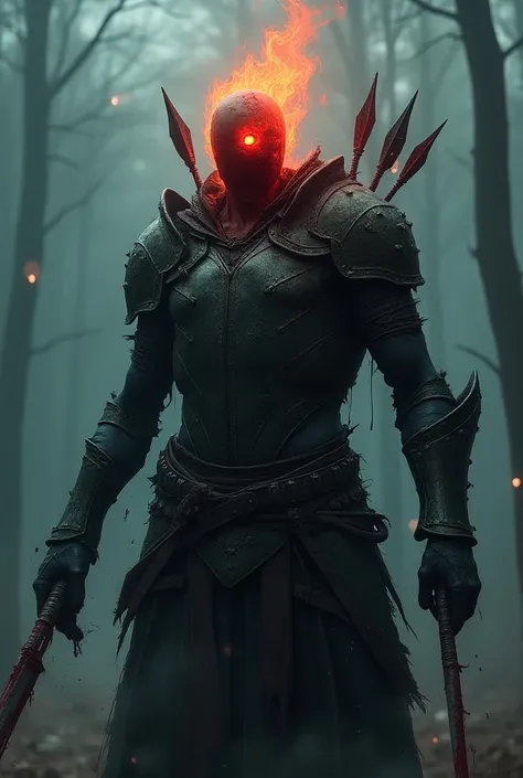 Man without a head, only wearing crusty armour on his shoulders and chest, get shot by arrows in the chest, holding a crusty dagger with bleeding hand, head get replaced by dark red flame with 1 eye, dark blue skin, beheaded, dead cells, no face