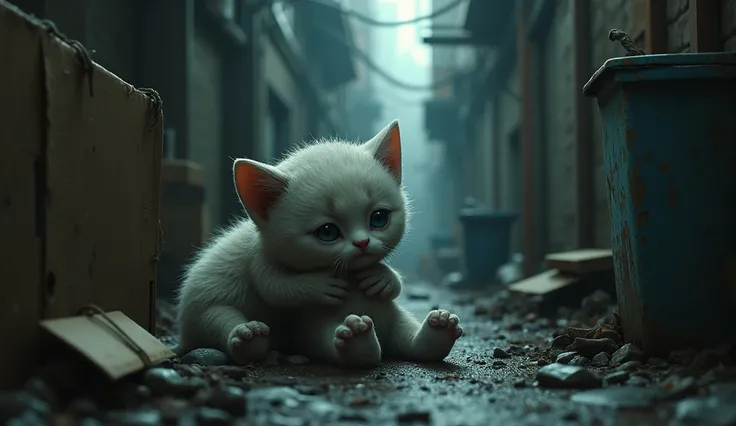 Style: Realistic, cinematic, dark, sad, sharp concept art Details: a ragdoll kitten-boy is hugging a baby ragdoll kitten-girl in a big cardboard box in a dark alley corner of the city. Characters: a ragdoll kiten-boy, white fur, ((((((((((((((((((wet))))))...