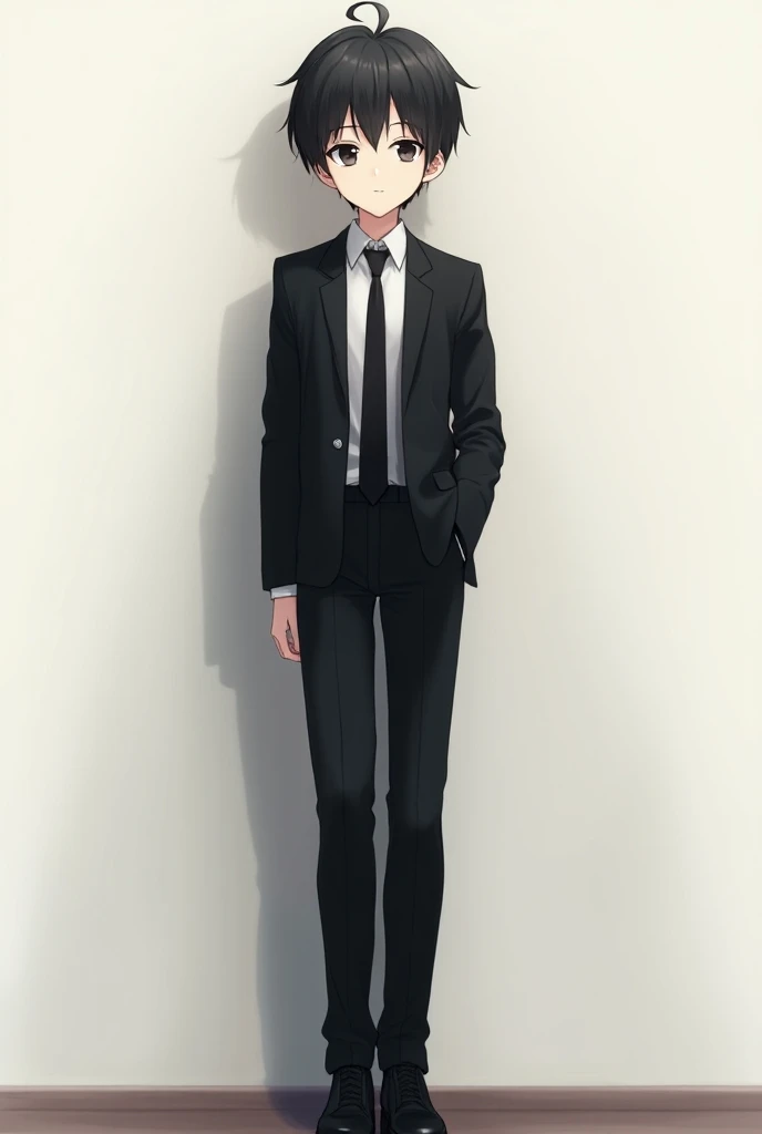  a 16-year-old anime boy with short black hair , light skin,  black eyes and wears a simple black suit with a white shirt, black tie and black shoes 