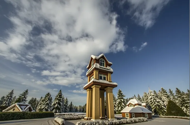 "A serene winter landscape blanketed in fresh snow, with trees and rooftops covered in a thick layer of white. Soft snowflakes gently falling from the sky, creating a peaceful, quiet atmosphere. A small cabin with warm light glowing from the windows stands...