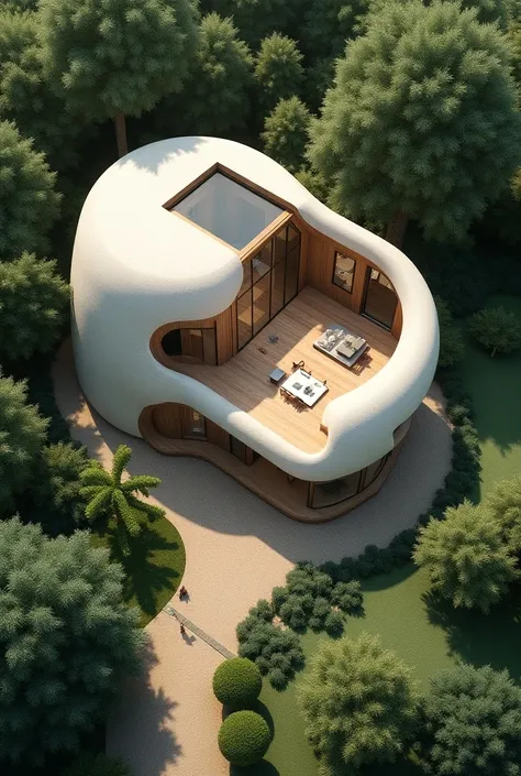 "Birds eye view of a small residence designed for Freud, themed around dream therapy, sleep, meditation, and mystical art. The architecture features a combination of geometric shapes including circular and elliptical forms, creating a flowing and dream-lik...