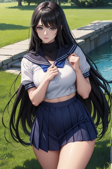 最High image quality, masterpiece, 4K, High image quality,  ultra high resolution,  of the prairie , CG drawing（ one cool adult seductive woman、）Hair、Black Hair、It has a glossy finish.。 Hairstyle、Long Hair、 straight（The sideburns are、It is jumping。 長めの前Hair...