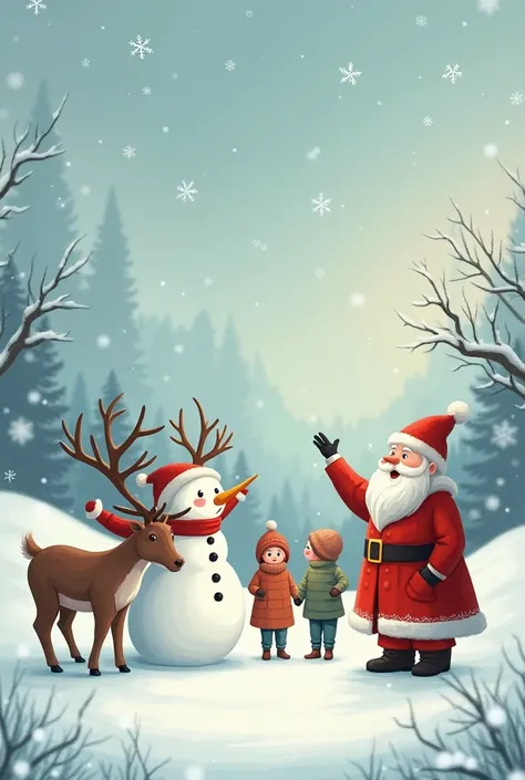 on the background of a soft winter landscape, snowman rearranges reindeer and santa claus waving to children delicate snowflakes falling around them creating an atmosphere of calm winter 