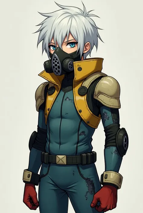 A 14-year-old anime boy with white hair,  the color of your costume is a darker blue-green with black outlines . Do you have light beige shoulder pads ,  black knee pads that were extended to his legs ,  that reached up to his thighs was torn at the tip , ...