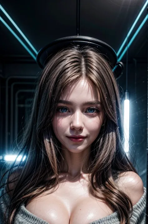 She is dreaming of electric sheep, sheep, electricity, photorealistic, fair smooth skin, grey-blue eyes, beautiful face, sensual lips, smiling face, brunette hair, photon mapping, dramatic lighting, vibrant colors, aesthetic,