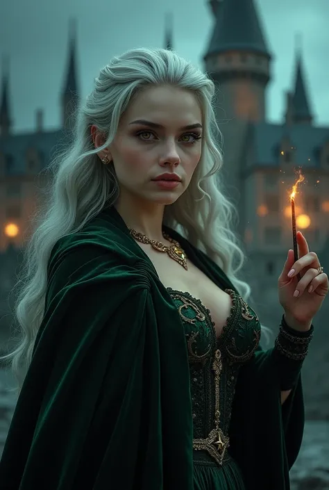 The girl, about 35 years old, silver-haired, amber-colored eyes, white skin, long hair, is a witch, with her right hand holding a small wand, wearing a witchs gown that she is wearing, which looks luxurious in black-green, on the back is a Hogwarts castle ...