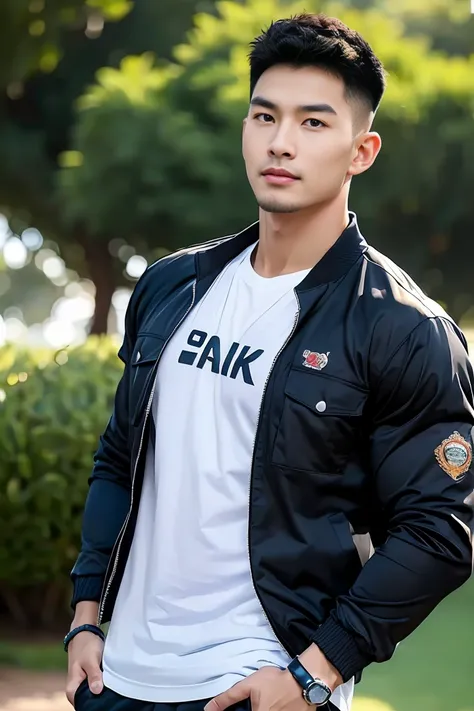 (( Best Quality , 【【【8k, masterpiece:1.3)),    Thailand Laos Myanmar Asians   ,    Active Hairstyles for Thai Men   ,    Handsome Asian Athlete Short Hair  ,   Muscular beard   ,   and big muscles   ， Chest Muscles Full ，six pack muscles，１One owns  ,them, ...