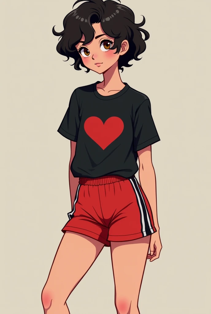 cartoon girl in a black and red shirt and red shorts, androgynous person, by :5 sensual: 7, arte lgbt, androgynous, attractive androgynous humanoid, cel shading:15,  full body portrait of a short person!, androgynous male, (  shorter dark hair Curly  ), qu...