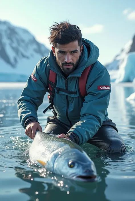 Realistic image ofBabar Azam Pakistani cricketer canching the fishfish  in Antarctica 