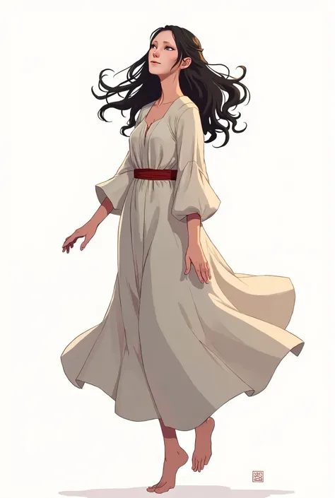 Anime, 2d vector art, a young woman standing in a white background, medieval woman, simple long dress, hyper dynamic pose, view from above:1.5