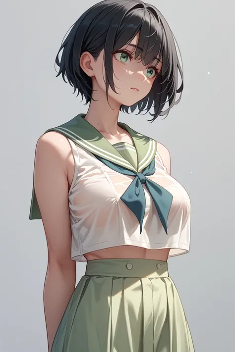  light green sleeveless sailor suit that is thin enough to be see-through、Saggy and very large breasts、 black hair short hair、Hands Behind Back、Correct your posture and wear your chest 、Shooting from the waist up